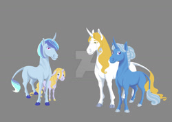 Size: 1280x905 | Tagged: safe, artist:amaya-chans2, derpibooru import, prince blueblood, trixie, oc, oc:andromeda, oc:cyrus, classical unicorn, pony, unicorn, bluetrix, cloven hooves, family, female, gray background, leonine tail, male, offspring, parent:prince blueblood, parent:trixie, parents:bluetrix, shipping, simple background, straight, watermark