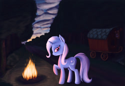 Size: 2268x1549 | Tagged: safe, artist:blurpaint, derpibooru import, trixie, pony, unicorn, collaboration, campfire, female, forest, looking at you, mare, raised hoof, solo, trixie's wagon