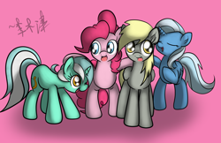 Size: 2448x1584 | Tagged: safe, artist:lightningnickel, derpibooru import, derpy hooves, lyra heartstrings, pinkie pie, trixie, earth pony, pegasus, pony, female, mare