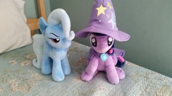 Size: 1328x744 | Tagged: safe, derpibooru import, trixie, twilight sparkle, pony, unicorn, 4de, cape, clothes, clothes swap, everyone does this, female, hat, irl, mare, photo, plushie, trixie's cape, trixie's hat