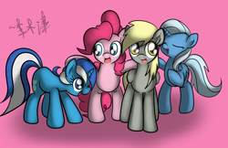 Size: 2448x1584 | Tagged: safe, artist:lightningnickel, derpibooru import, derpy hooves, minuette, pinkie pie, trixie, earth pony, pegasus, pony, female, mare