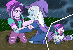 Size: 3800x2600 | Tagged: safe, artist:jolliapplegirl, derpibooru import, starlight glimmer, trixie, equestria girls, best friends, boots, cape, chibi, clothes, dirty, duo, fall formal outfits, female, hat, high heel boots, mud, muddy, playing, rain, trixie's cape, trixie's hat, vest