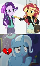 Size: 634x1028 | Tagged: safe, derpibooru import, edit, edited screencap, screencap, starlight glimmer, sunset shimmer, trixie, pony, equestria girls, mirror magic, no second prances, spoiler:eqg specials, counterparts, female, heartbreak, lesbian, shimmerglimmer, shipping, twilight's counterparts