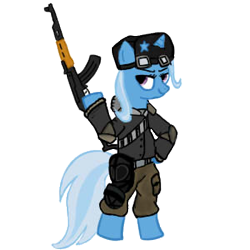 Size: 300x300 | Tagged: artist needed, safe, derpibooru import, trixie, pony, ak, ak-47, assault rifle, bipedal, clothes, gun, rifle, uniform, weapon