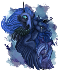 Size: 483x611 | Tagged: safe, artist:tea-charlie, nightmare moon, princess luna, alicorn, pony, crying, duality, filly, woona