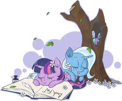 Size: 1964x1624 | Tagged: safe, artist:cruddydoodles, derpibooru import, trixie, twilight sparkle, parasprite, book, drool, female, filly, lesbian, shipping, sleeping, twixie