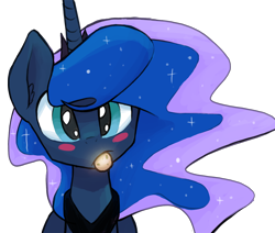 Size: 1400x1186 | Tagged: safe, artist:darkflame75, princess luna, alicorn, pony, blushing, cookie, looking at you, lunadoodle, mouth hold, solo