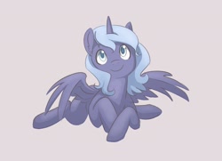 Size: 1888x1364 | Tagged: safe, artist:theglassaddiction, princess luna, alicorn, pony, cute, filly, foal, looking at you, lunabetes, prone, s1 luna, smiling, smiling at you, solo, spread wings, woona