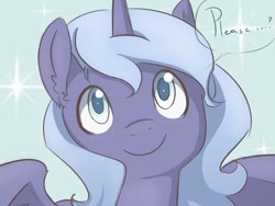 Size: 728x548 | Tagged: safe, artist:theglassaddiction, princess luna, alicorn, pony, cute, filly, foal, looking at you, lunabetes, please, smiling, smiling at you, solo, spread wings, woona, younger