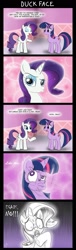 Size: 726x2402 | Tagged: safe, artist:melancholy, derpibooru import, rarity, twilight sparkle, unicorn twilight, pony, unicorn, comic, dialogue, duckface, egads no, faic, pouting, speech bubble