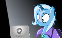 Size: 680x423 | Tagged: safe, artist:evil-dec0y, derpibooru import, trixie, pony, unicorn, cape, clothes, computer, female, laptop computer, mare, messy mane, reaction image, solo, trixie's cape