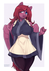 Size: 2660x3895 | Tagged: safe, artist:littlesheep, derpibooru import, oc, oc only, oc:seraphic crimson, anthro, pegasus, anthro oc, breasts, clothes, female, hair over one eye, maid, mare, milf, rule 63, simple background, solo