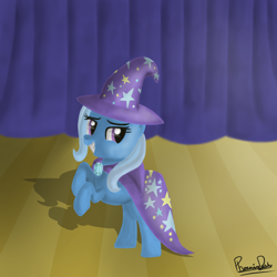 Size: 1400x1400 | Tagged: safe, artist:phoenixdash, derpibooru import, trixie, grin, smiling, stage