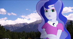 Size: 1840x1000 | Tagged: safe, artist:nero-narmeril, princess luna, vice principal luna, equestria girls, blue sky, cloud, crossed arms, equestria girls in real life, irl, mountain, photo, solo, tree, vector