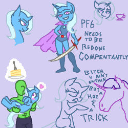 Size: 500x500 | Tagged: safe, anonymous artist, artist:torikkusu no ken, derpibooru import, trixie, twilight sparkle, oc, oc:anon, anthro, horse, human, pony, unicorn, anthro with ponies, carrying, clothes, dialogue, heart, leotard, purple background, simple background, vulgar