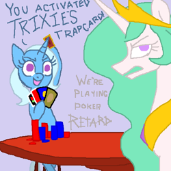 Size: 500x500 | Tagged: safe, anonymous artist, artist:torikkusu no ken, derpibooru import, princess celestia, trixie, alicorn, pony, unicorn, card, chips, dialogue, food, poker, poker chips, politically incorrect, purple background, simple background, vulgar, you just activated my trap card