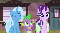 Size: 1920x1080 | Tagged: safe, derpibooru import, screencap, spike, starlight glimmer, trixie, dragon, pony, unicorn, all bottled up, female, mare, saddle bag, the amazing trio of friendship