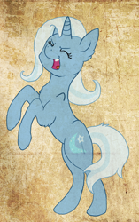 Size: 876x1395 | Tagged: safe, artist:essely, derpibooru import, trixie, pony, unicorn, blue coat, female, horn, mare, rearing, solo, two toned mane