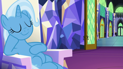 Size: 1920x1080 | Tagged: safe, derpibooru import, screencap, trixie, pony, all bottled up, sitting, smug, solo