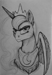 Size: 923x1317 | Tagged: safe, artist:zeuzeubee, princess luna, alicorn, pony, fluffy, frown, glare, grayscale, grumpy, looking at you, monochrome, portrait, solo, spread wings, traditional art, unamused