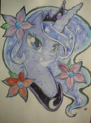 Size: 1024x1381 | Tagged: dead source, safe, artist:ox3400-2, princess luna, alicorn, pony, deviantart watermark, flower, flower in hair, obtrusive watermark, smiling, solo, traditional art, watermark