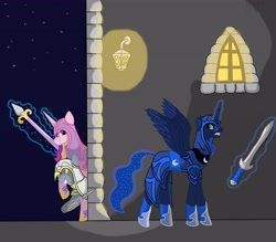 Size: 4000x3500 | Tagged: safe, artist:lucandreus, derpy hooves, princess cadance, princess luna, alicorn, pegasus, pony, assassin's creed, female, mare, spear, sword