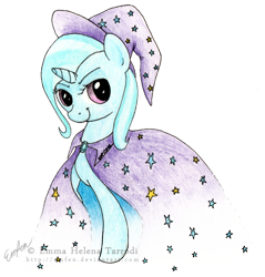 Size: 600x627 | Tagged: safe, artist:emfen, derpibooru import, trixie, pony, unicorn, blue coat, female, horn, mare, smiling, solo, two toned mane