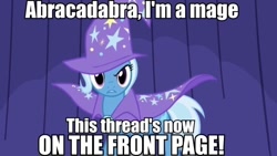 Size: 640x360 | Tagged: safe, derpibooru import, edit, edited screencap, screencap, trixie, pony, unicorn, boast busters, bump, dialogue, female, image macro, mare, meme, reaction image, solo, trixie yells at everything