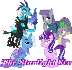 Size: 600x580 | Tagged: safe, artist:bluetech, artist:dashiesparkle, artist:diamondsword11, artist:slb94, artist:solusjbj, derpibooru import, maud pie, princess ember, spike, starlight glimmer, thorax, trixie, changeling, dragon, pony, unicorn, alternate mane six, female, mare, simple background, smiling, smirk, smug, transparent background, vector