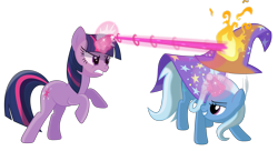 Size: 10621x5770 | Tagged: safe, artist:lykas13, derpibooru import, trixie, twilight sparkle, absurd resolution, dodge, fight, fire, laser, magic, magic blast, simple background, transparent background