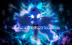 Size: 2560x1600 | Tagged: dead source, safe, artist:kibbiethegreat, artist:theshadowstone, princess luna, alicorn, pony, collaboration, female, glowing eyes, looking at you, mare, quote, solo, vector, wallpaper, watermark