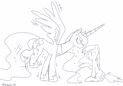 Size: 3329x2345 | Tagged: safe, artist:nadvgia, derpy hooves, princess luna, alicorn, pegasus, pony, female, mare, monochrome