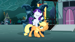 Size: 1280x720 | Tagged: safe, derpibooru import, screencap, applejack, rarity, sweetie belle, trixie, earth pony, pony, unicorn, magic duel, duo, eyes closed, female, filly, filly rarity, mare, overcast, raritie belle, statue, younger