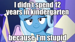 Size: 1920x1080 | Tagged: safe, derpibooru import, edit, edited screencap, screencap, trixie, pony, unicorn, all bottled up, female, glowing horn, image macro, larry and steve, mare, meme, smug, solo, trixie yells at everything