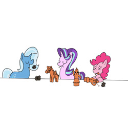 Size: 800x800 | Tagged: safe, artist:kushina13, derpibooru import, pinkie pie, starlight glimmer, trixie, earth pony, pony, eating, haniwa, pinecone, simple background, trixie eating pinecones, white background