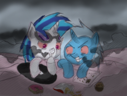 Size: 500x378 | Tagged: safe, artist:urban-meadows, derpibooru import, dj pon-3, trixie, vinyl scratch, pony, unicorn, 420, background pony, chips, donut, drugs, duo, female, high, mare, marijuana, muffin, smoke, stoned trixie