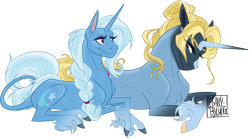 Size: 1500x834 | Tagged: safe, artist:legally-psychotic, derpibooru import, trixie, oc, oc:masquerade, classical unicorn, pony, unicorn, cloven hooves, female, leonine tail, male, mare, mother and child, mother and son, offspring, parent and child, parent:prince blueblood, parent:trixie, parents:bluetrix, prone, simple background, stallion, transparent background, unshorn fetlocks