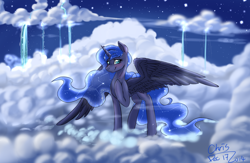 Size: 4000x2600 | Tagged: safe, artist:xcopyen002, princess luna, alicorn, pony, absurd resolution, bedroom eyes, blushing, cloud, cloudy, constellation, cute, missing accessory, night, raised leg, smiling, solo, spread wings, stars, waterfall