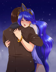 Size: 2500x3200 | Tagged: safe, artist:doctorzexxck, princess luna, human, crossover, crossover shipping, crying, hug, humanized, peter parker, spider-man, spiderluna, spiders and magic: rise of spider-mane