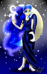 Size: 1601x2531 | Tagged: safe, artist:artyjoyful, princess luna, human, clothes, dress, humanized, magic, moon, solo, stars, winged humanization