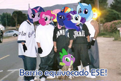 Size: 602x403 | Tagged: safe, derpibooru import, fluttershy, rainbow dash, rarity, spike, trixie, twilight sparkle, dragon, pegasus, pony, unicorn, cholo, gangsta, homie, mexican, spanish, twiface, wrong neighborhood