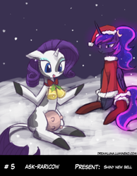 Size: 774x1000 | Tagged: safe, artist:lumineko, princess luna, rarity, cow, 12 days of christmas, bell, bell collar, clothes, collar, cowified, dreamluna, hat, raricow, santa costume, santa hat, sitting, species swap, udder