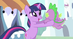 Size: 640x349 | Tagged: safe, derpibooru import, screencap, spike, twilight sparkle, dragon, the crystal empire, spoiler:s03, crystal empire, crystal empire (episode), crystal empire part 1, failure success song, failure sucess song, hub logo, song, the crystal empire (episode), the crystal empire part one, the failure song