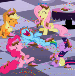Size: 595x603 | Tagged: safe, derpibooru import, screencap, applejack, fluttershy, pinkie pie, rainbow dash, twilight sparkle, earth pony, pegasus, pony, sweet and elite, animated, birthday dress, cake, clothes, confetti, cropped, cute, dashabetes, diapinkes, dress, jackabetes, laughing, laughingmares.jpg, loop, messy, nose in the air, party, shyabetes, twiabetes
