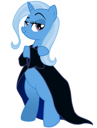 Size: 750x980 | Tagged: safe, artist:amberbewildered, derpibooru import, trixie, pony, bipedal, cloak, clothes, smiling, solo