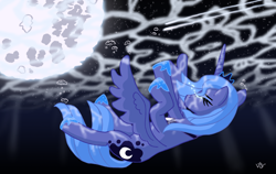 Size: 1900x1200 | Tagged: safe, artist:lifesequencebreak, princess luna, alicorn, pony, crying, eyes closed, moon, s1 luna, solo, underwater, water