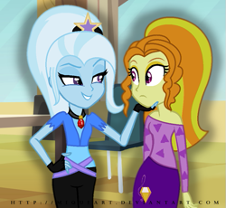 Size: 613x563 | Tagged: safe, artist:miqueart, derpibooru import, adagio dazzle, trixie, equestria girls, alternate universe, female, gem, lesbian, role reversal, shipping, siren gem, triagio