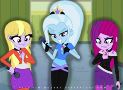 Size: 1024x750 | Tagged: safe, artist:miqueart, derpibooru import, fuchsia blush, lavender lace, trixie, equestria girls, alternate universe, female, gem, siren gem, trixie and the illusions