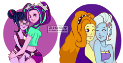 Size: 1024x528 | Tagged: safe, artist:ziggykreamer, derpibooru import, adagio dazzle, aria blaze, sci-twi, trixie, twilight sparkle, equestria girls, crack shipping, derp, female, lesbian, shipping, simple background, sparkleblaze, triagio, white background