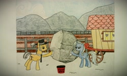 Size: 3264x1952 | Tagged: safe, artist:xjuggernaughtx, derpibooru import, igneous rock pie, tom, trixie, necktie, rock, rock farm, traditional art, wagon